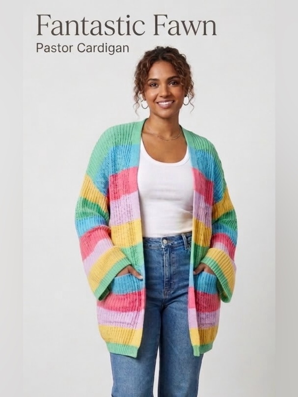 Fantastic Fawn Pastor Rainbow Stripe Open Front Knit Cardigan